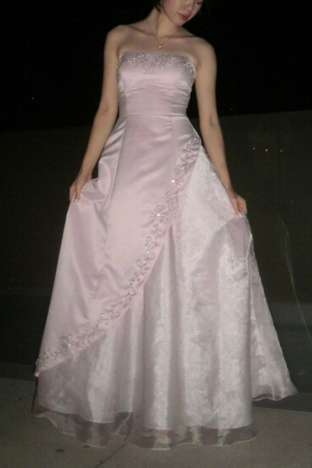 Rosa, zartes, langes Tüll-Abendkleid mit Blumenmuster gh6857