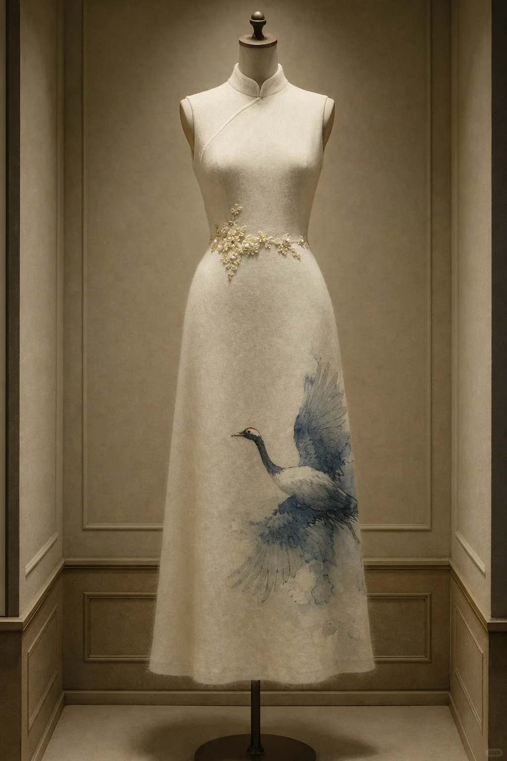 ✨Girlhomeshops-Ivory Sleeveless Qipao Midi Dress with Ink Wash Red-Crowned Crane Print gh10527