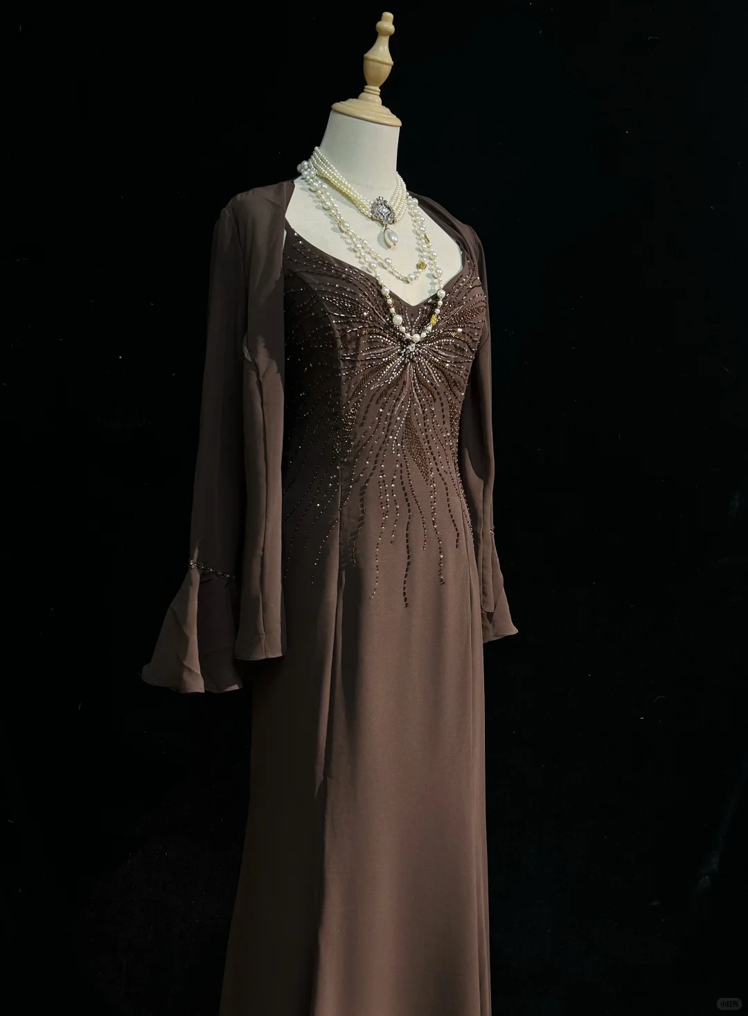 ✨Girlhomeshops-Coffee Spaghetti Strap Butterfly Beaded Chiffon Mermaid Evening Gown gh10279