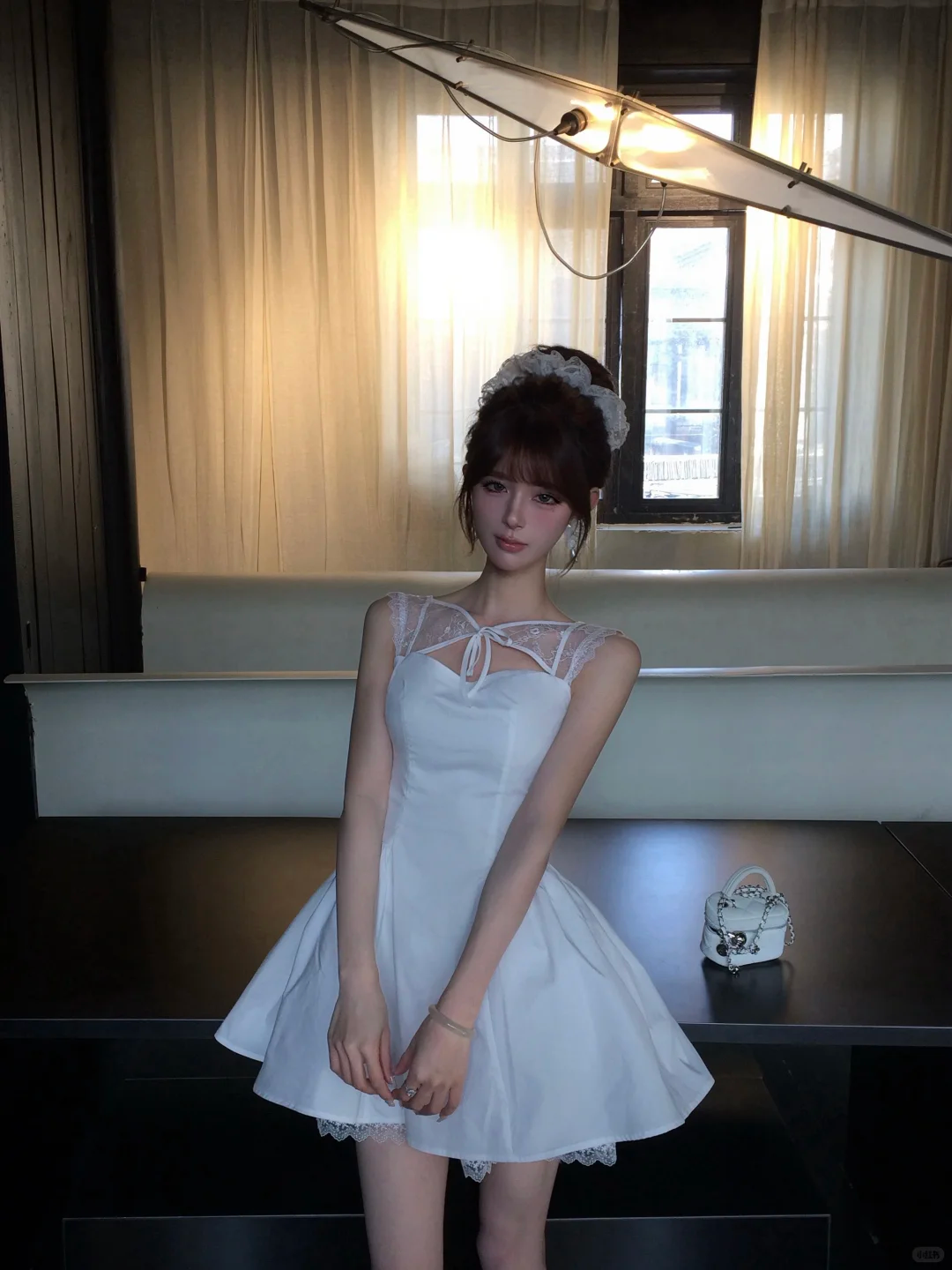 Women Sweet White Homecoming Dress Heart Neck Lace Mesh Shoulder Tie Cutout A-Line Puffy Short Party Dress gh9427