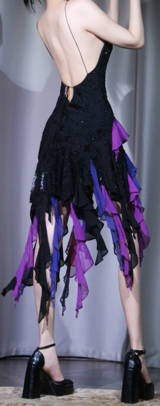 ✨Girlhomeshops-Backless Ruffle Prom Dress, Spaghetti Strap Black Lace Colorful Chiffon Mini Evening Gown gh9945