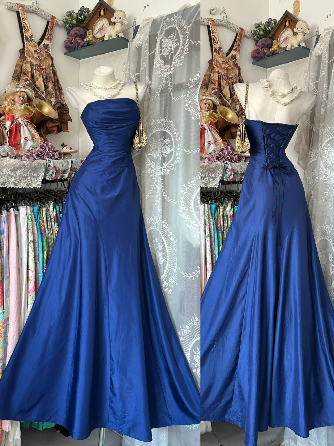 Elegant Vintage Blue Strapless Fitted Waist Slim Long Prom & Evening Party Dress gh8478
