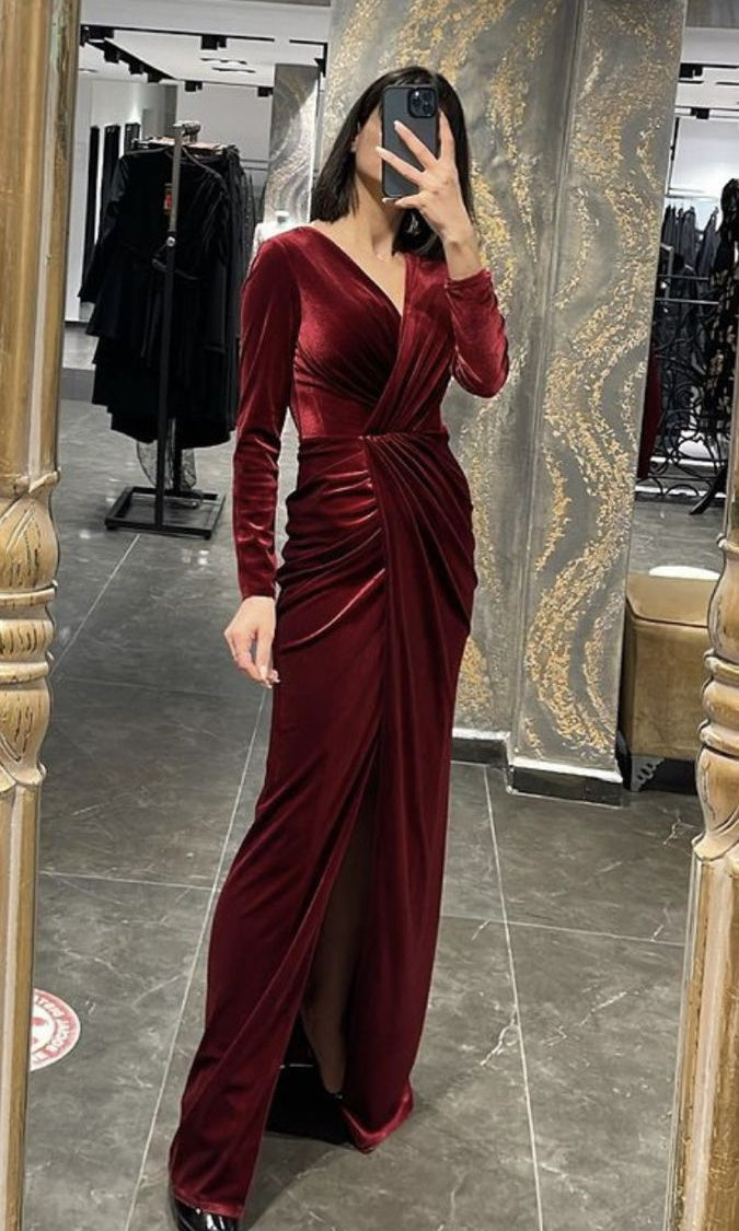 girlhomeshops - Robe longue en velours bordeaux à manches longues gh6254