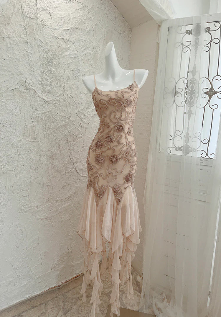Hellrosa Blumen Rüschen Langes Chiffon Ballkleid Abendkleid Geburtstagsparty Kleid gh4587