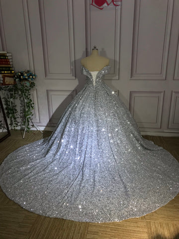 Silber Wunderschöne Glänzende Off-shoulder Pailletten Lange Prinzessin Bodenlangen Ballkleid Abendkleid Brautkleid gh3445