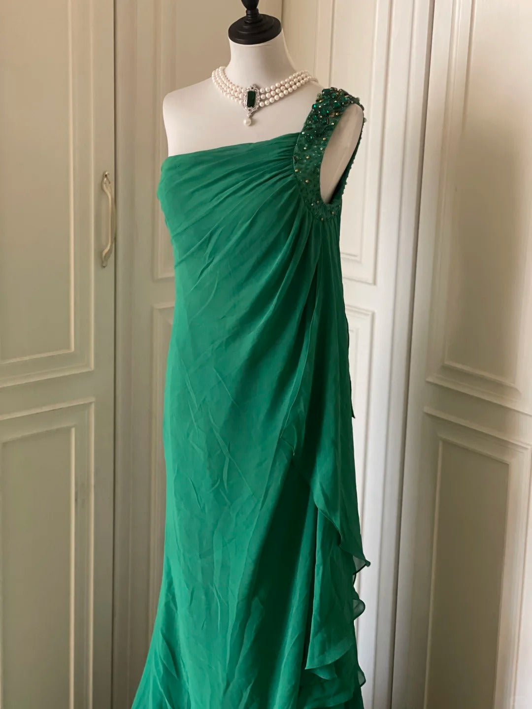 💚Grünes, perlenbesetztes Vintage-Kleid mit einer Schulter, stilvolles langes Chiffon-Kleid für Hochzeitsgäste, Ballkleid, Abendkleid, Gatsby-Beauty-Partykleid, gh4391