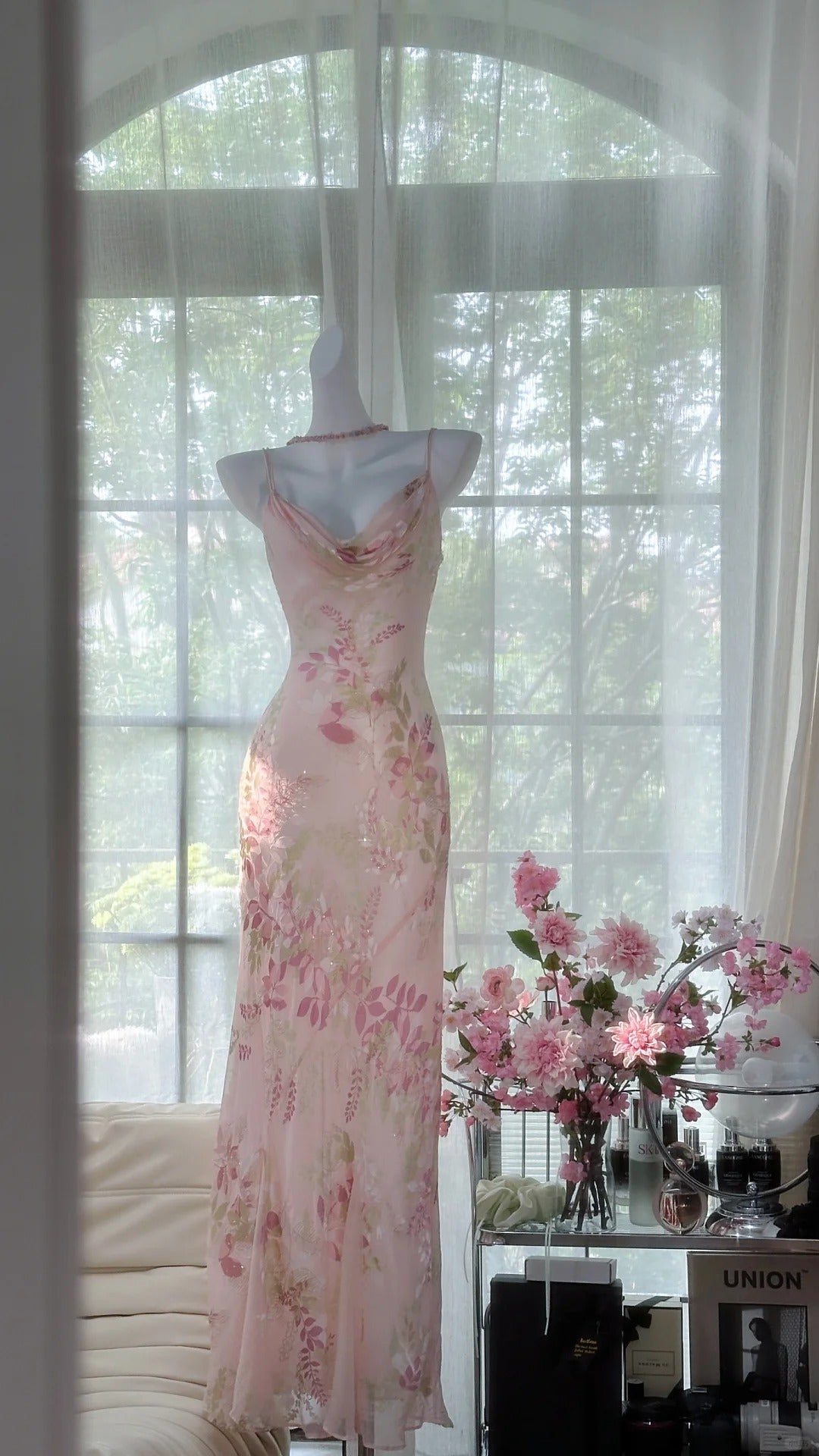 Pink Delicate Floral Long Chiffon Ball Gown Evening Dress Party Dress – girlhomeshops