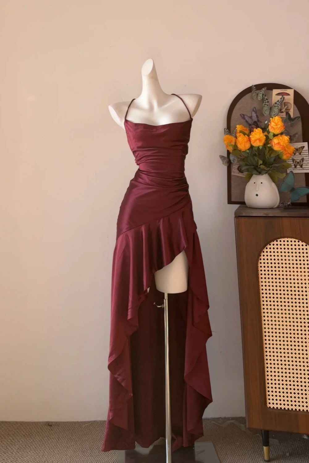 Burgunderrotes, langes Retro-Kleid für Schulanfang, Geburtstag oder Abschlussball gh6821