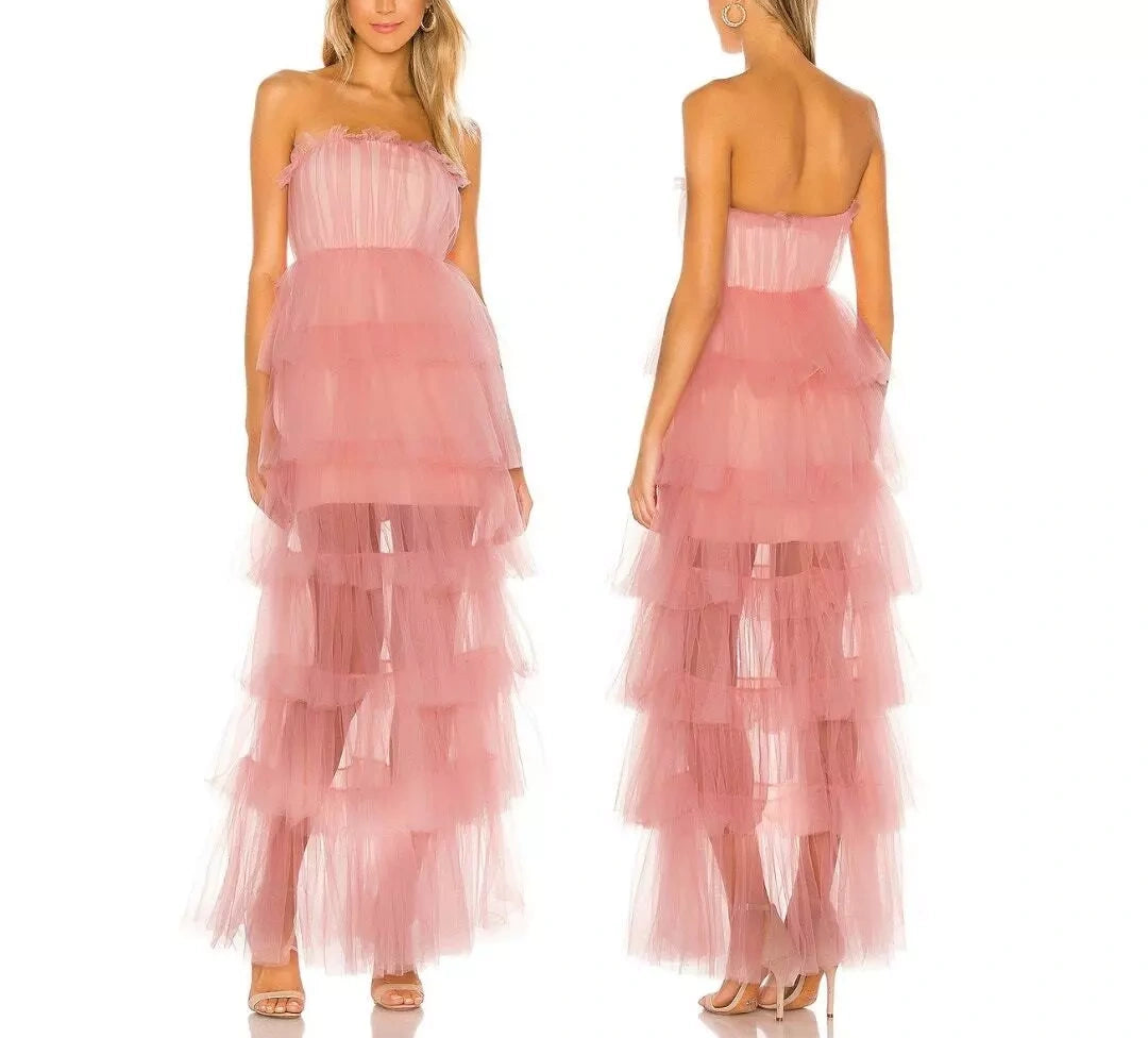 Rosa mode süße A-linie trägerlosen lange elegante layered tüll ballkleid abendkleid party kleid gh2818