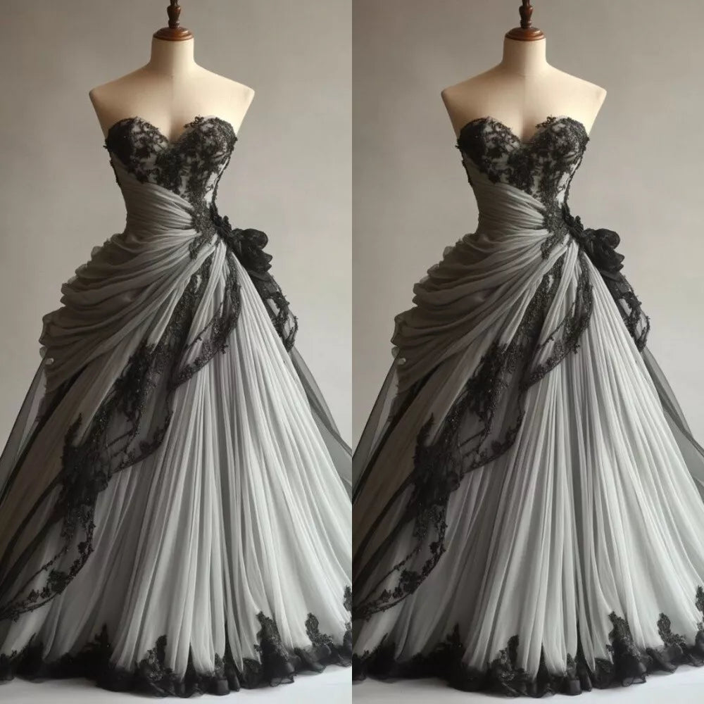 Wunderschönes schwarzes, zartes Spitzenapplikationen, Rüschen, A-Linie, langes Tüll-Ballkleid, Abendkleid, Hochzeitskleid gh3397
