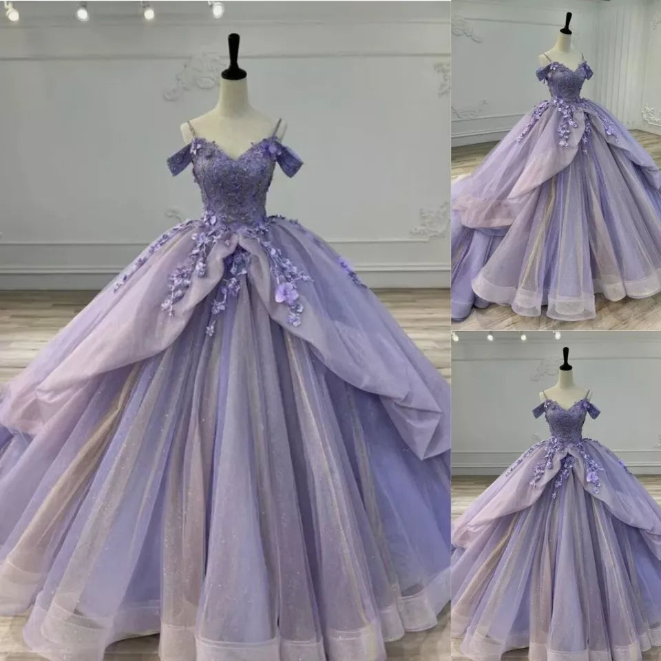 Hellviolettes, mit Spaghettiträgern und Perlen verziertes, langes Ballkleid aus Tüll, Abendkleid für Erwachsene, Zeremoniekleid für Abschlussfeier, Kleid gh3123