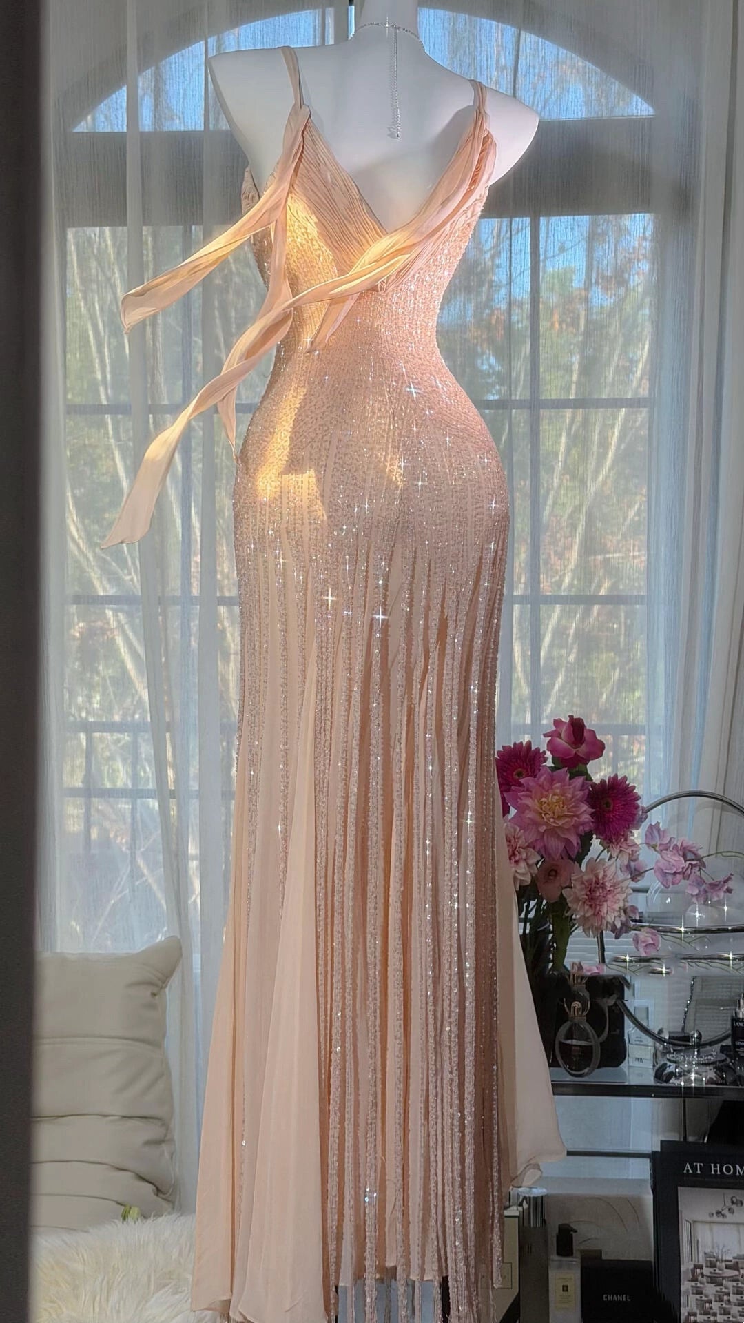 Pink shimmering elegant long tulle dress gh7075