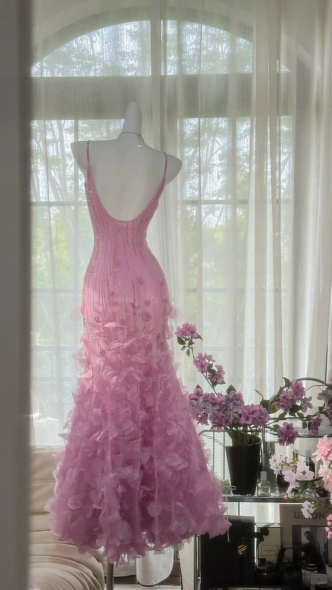 Vintage rosa und lila Meerjungfrau langes schmales Perlen verziertes elegantes Chiffon Homecoming-Kleid Ballkleid Abendkleid Geburtstagspartykleid Date-Kleid gh4682