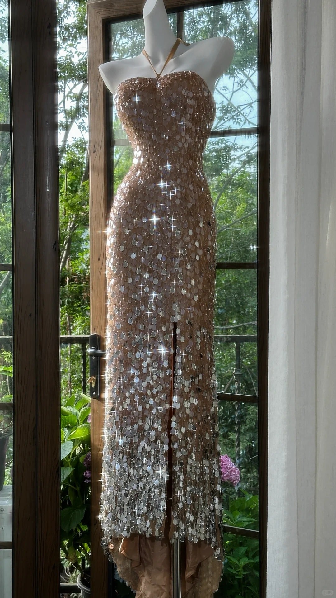 Brown Shiny Elegant Long Sequined Tulle Ball Gown Evening Dress Party Dress gh4612