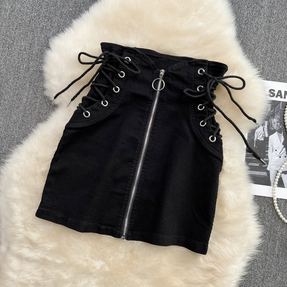 New strap zipper high waist denim skirt 11287