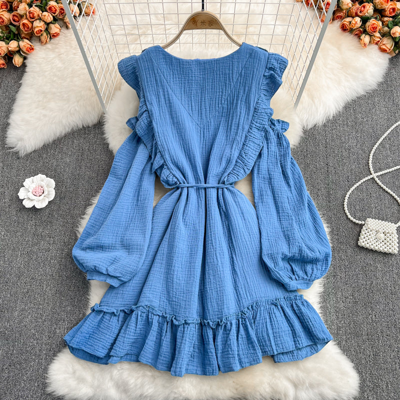 Blaues Langarmkleid mit V-Ausschnitt Modekleid 10916