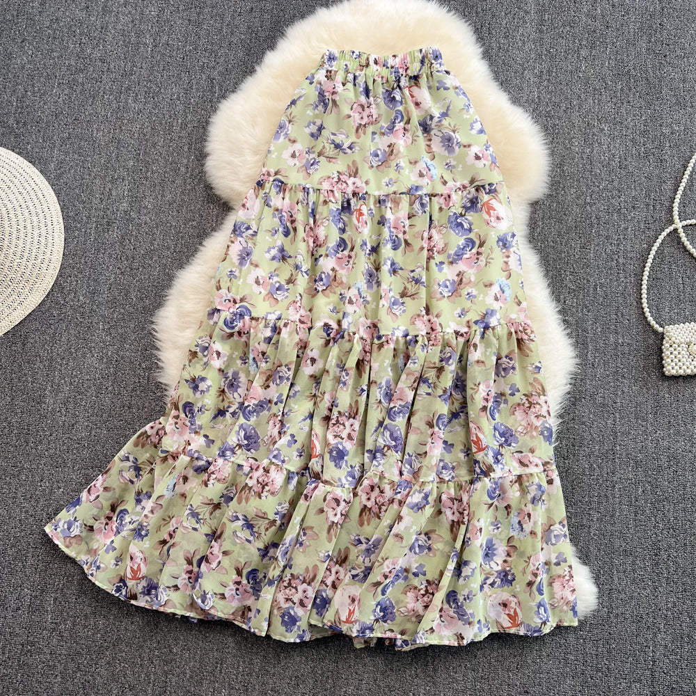 Small fresh high waist thin medium long floral skirt 11290