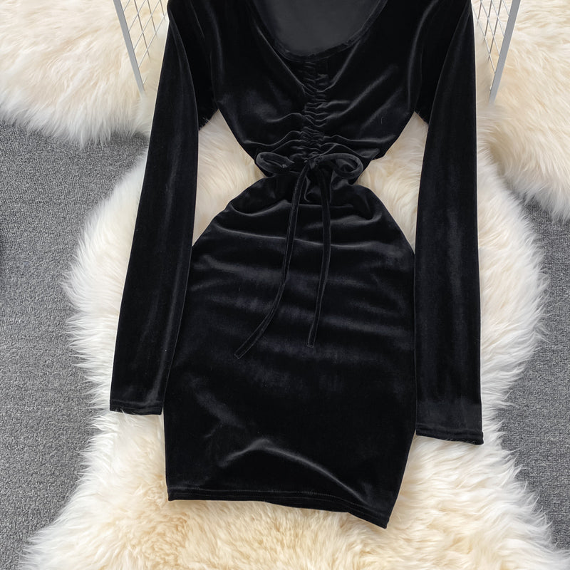 Sexy Langarm-Kleid aus Samt mit V-Ausschnitt Modekleid 10864