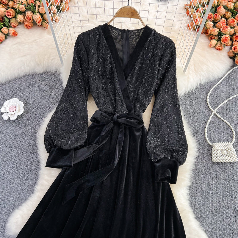 Black V Neck Lace A Line Dress Fashion Dress 10888