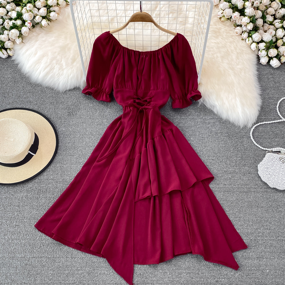 Simple Lace-Up Dress With Irregular Dress 10738