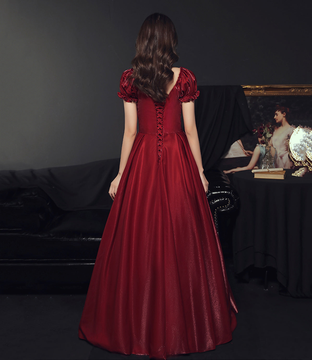 Burgundy satin long prom dress A line evening gown 10502