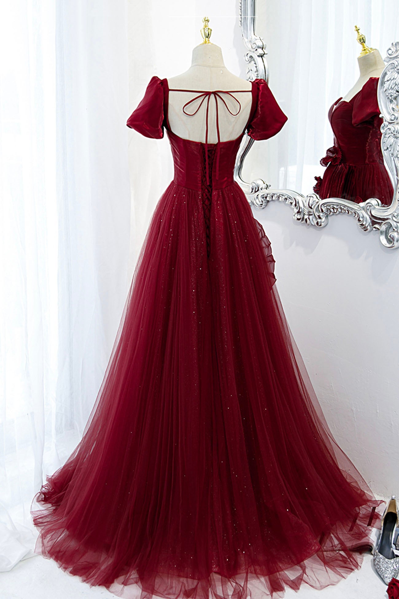 Burgund Satin Tüll langes Ballkleid Abendkleid 10598