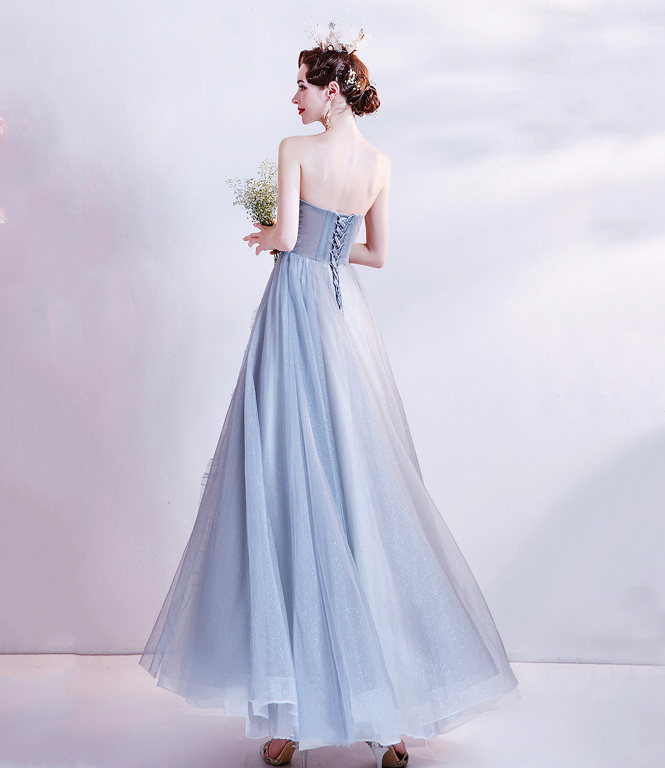 Cute tulle beads long prom dress A line evening dress 10511