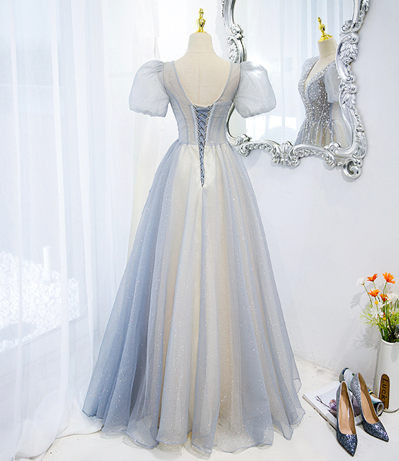 Gray tulle beads long prom dress A line evening gown 10488
