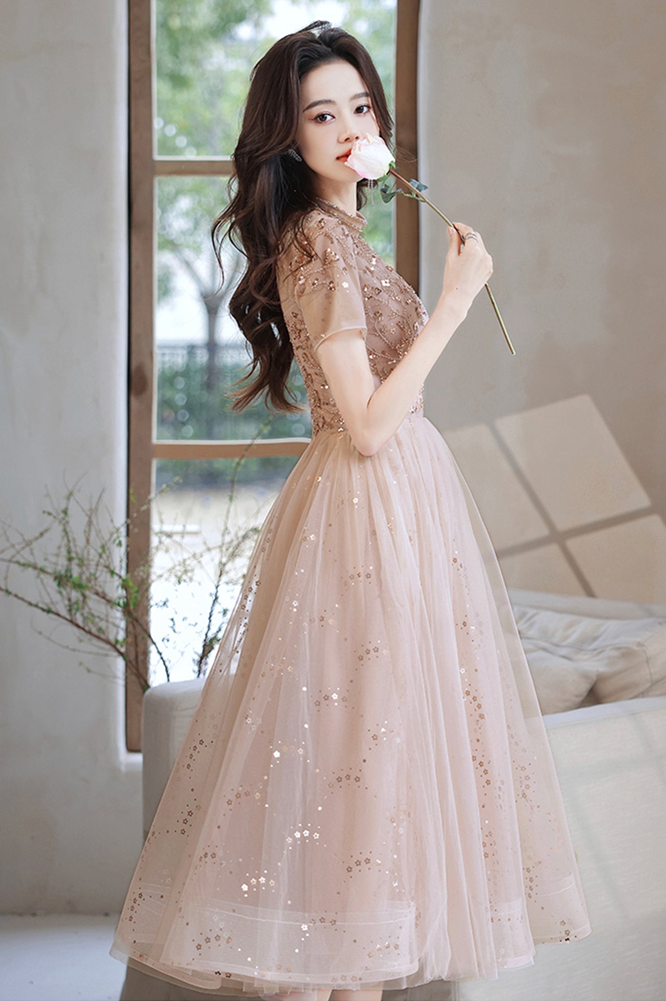 Süßes Tüll Perlen kurzes Ballkleid A-Linie Partykleid 10519