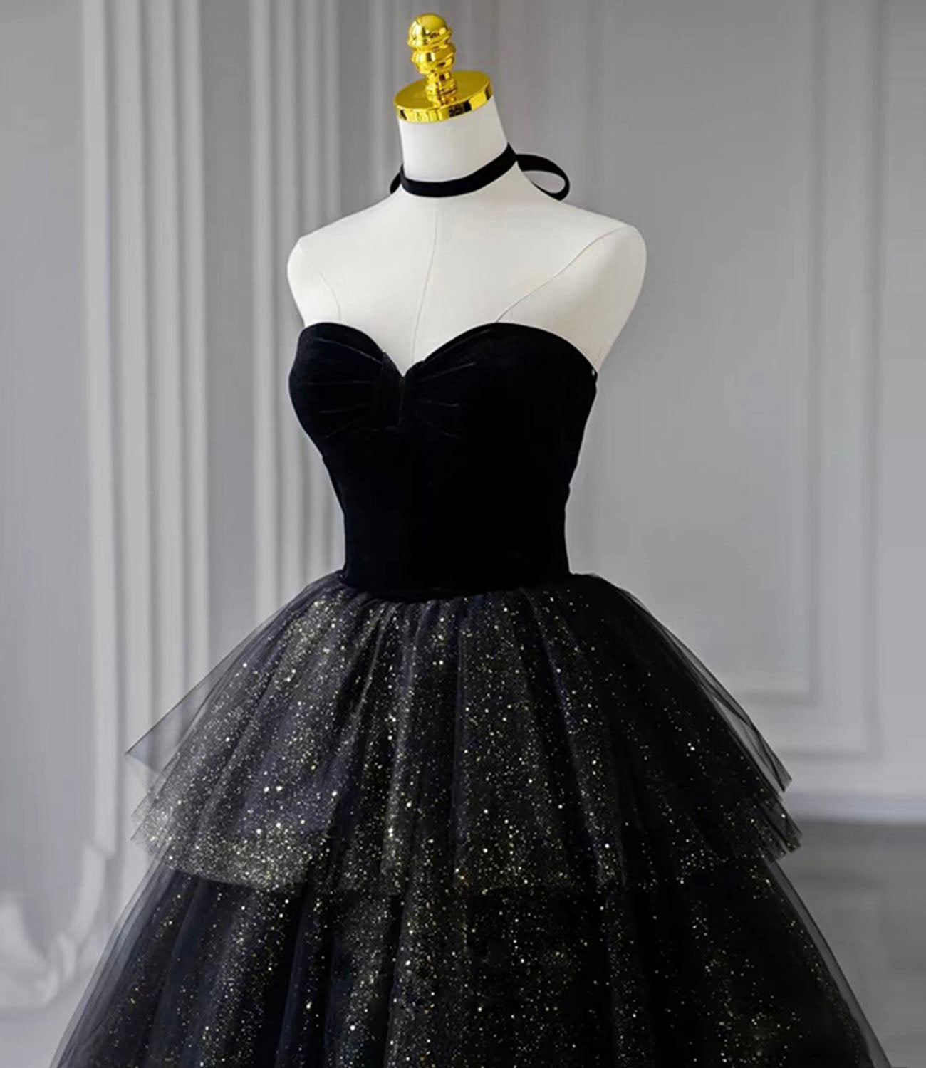 Black velvet tulle long ball gown dress black formal dress 10432