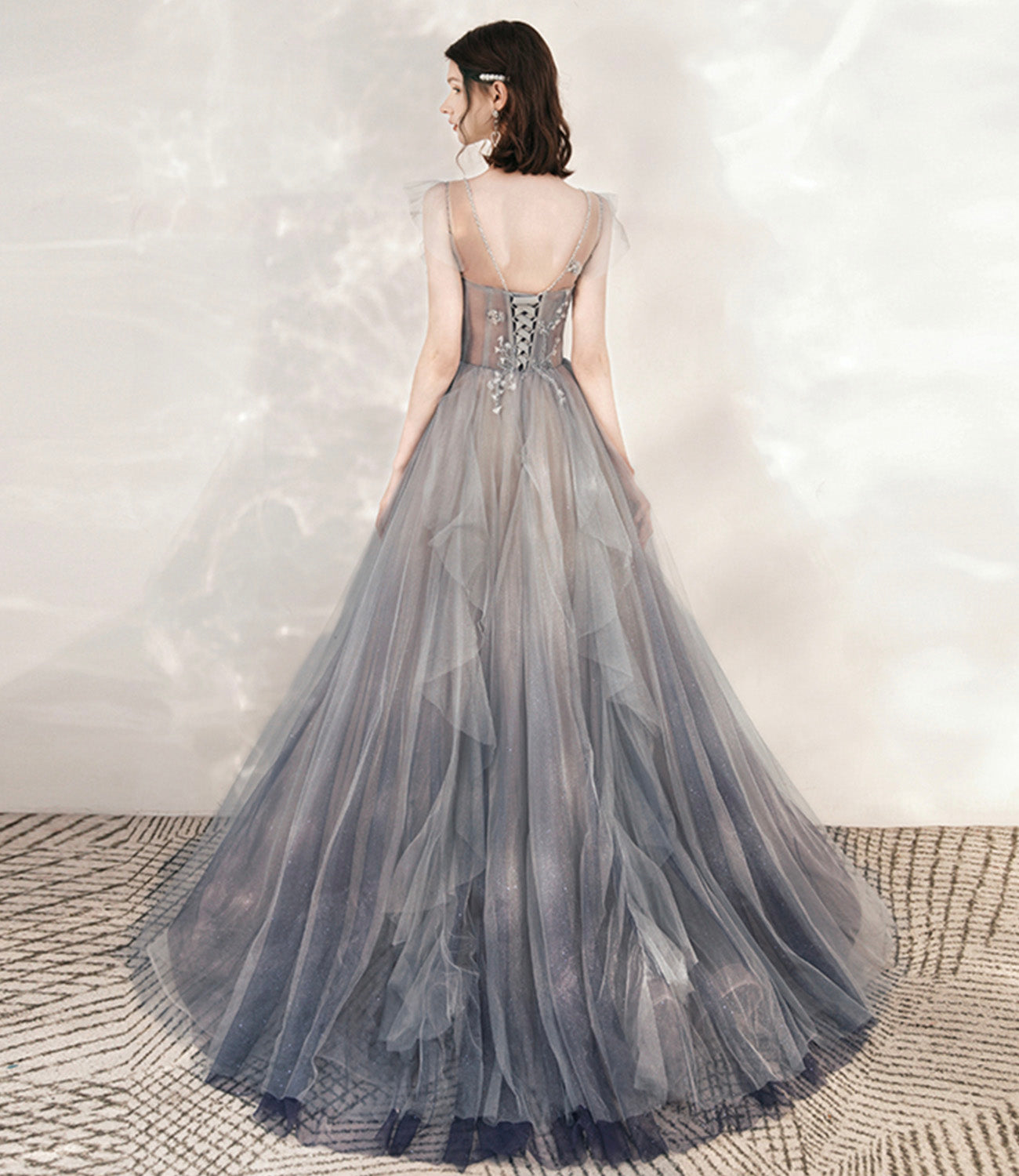Cute tulle beads long prom dress A line formal dress 10547