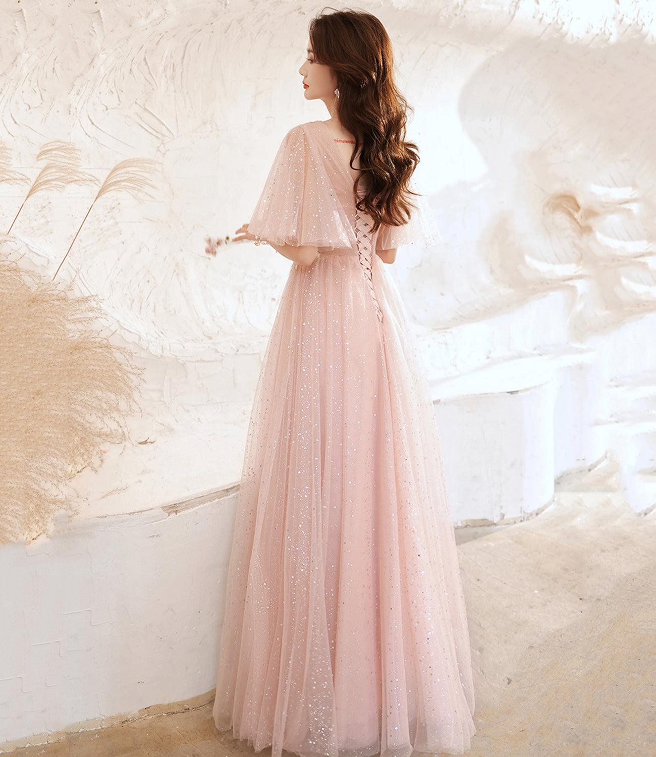 Pink tulle lace long prom dress pink evening dress 10525
