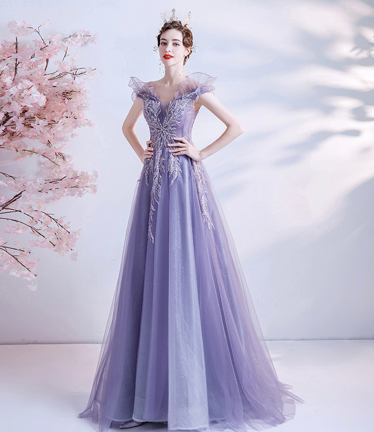 Lila Tüll Pailletten langes Ballkleid A-Linie Abendkleid 10463