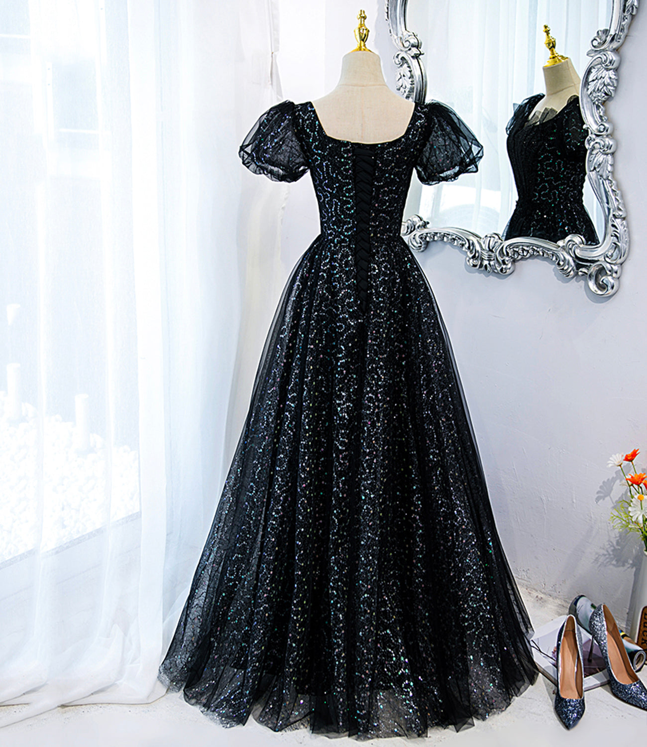 Schwarzes langes Ballkleid aus Tüll mit Pailletten Schwarzes Abendkleid 10467