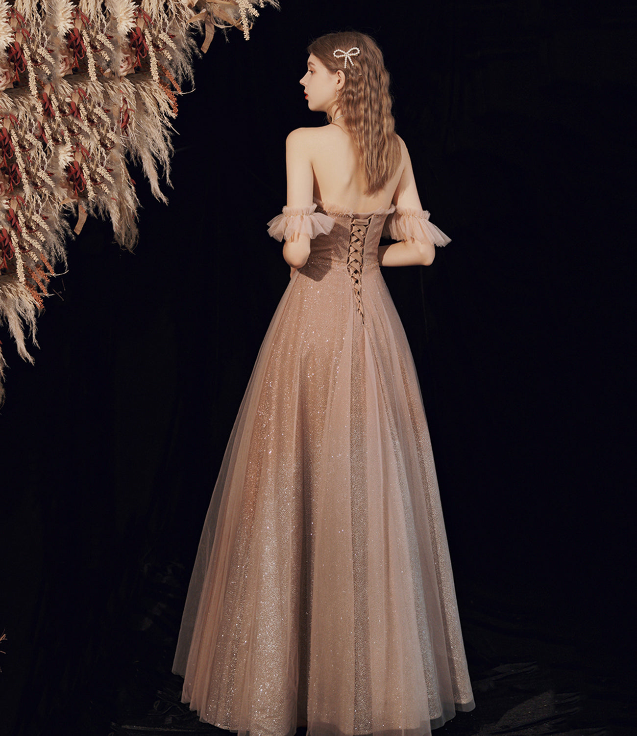 Langes Ballkleid aus glänzendem Tüll mit Pailletten A-Linie Abendkleid 10378