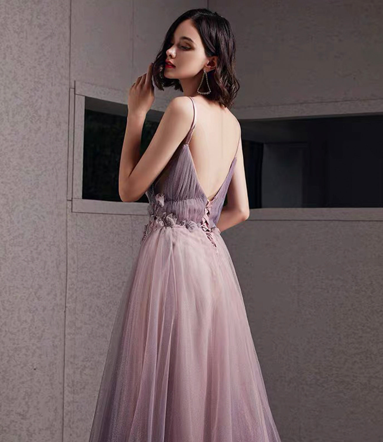 Lila Tüll Pailletten langes Ballkleid A-Linie Abendkleid 10480