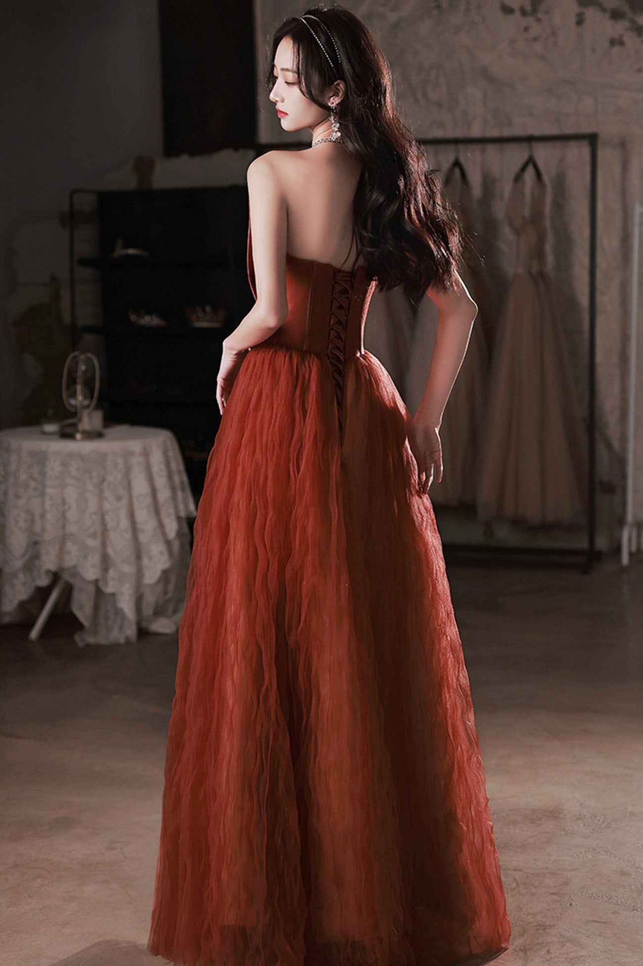 Robe de soirée longue en tulle satiné bordeaux Robe de soirée trapèze 10649