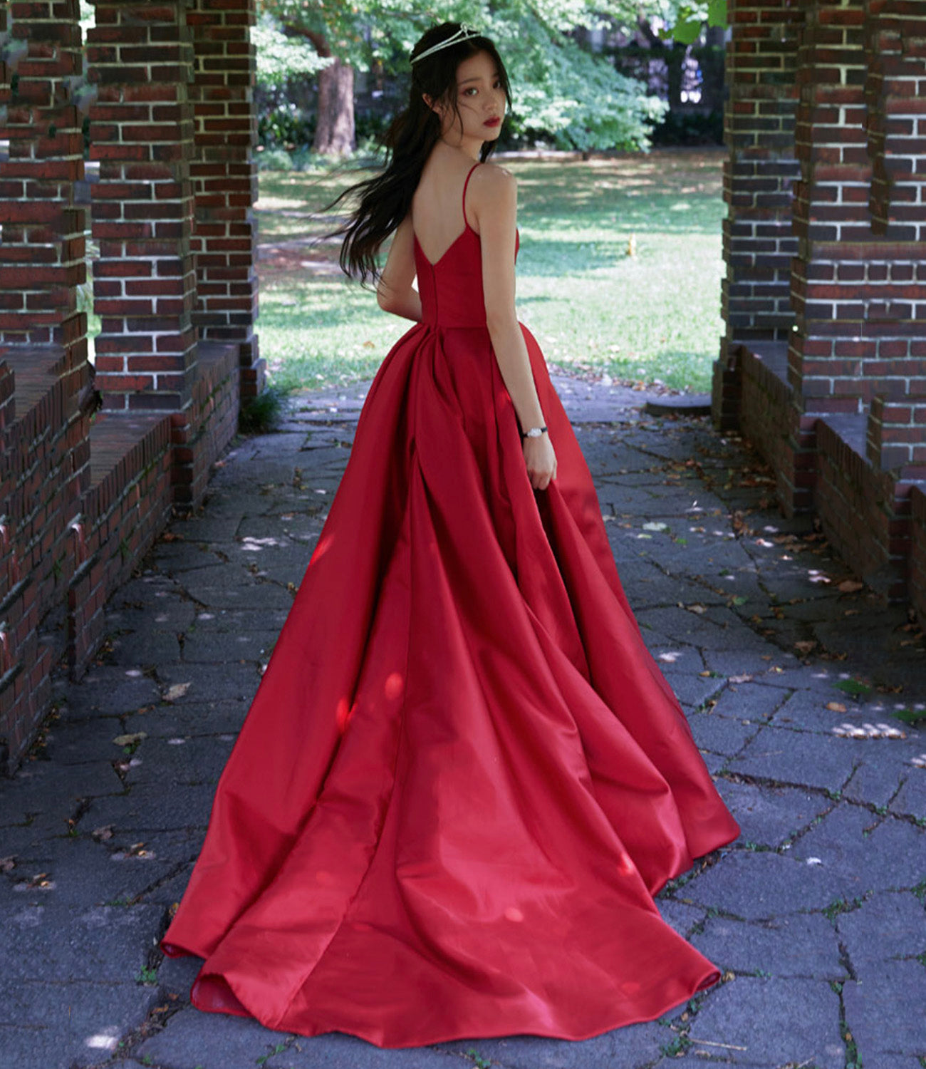 Red satin long prom dress A line evening dress 10567