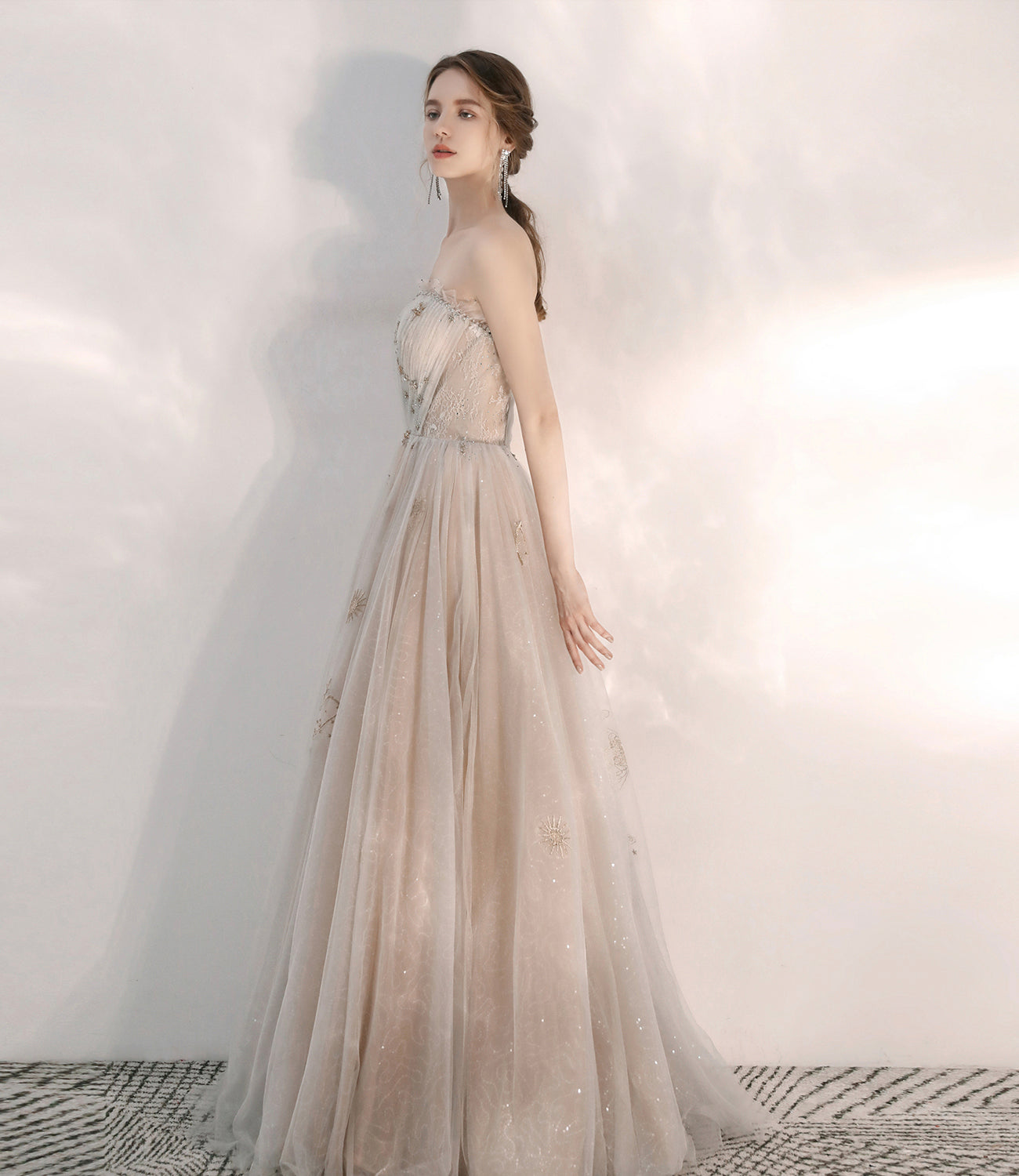 Champagner Tüll Pailletten langes Ballkleid A-Linie Abendkleid 10472