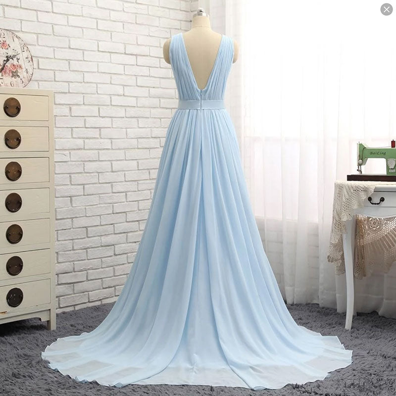 Robe de soirée longue en mousseline de soie bleu clair à col en V 8129