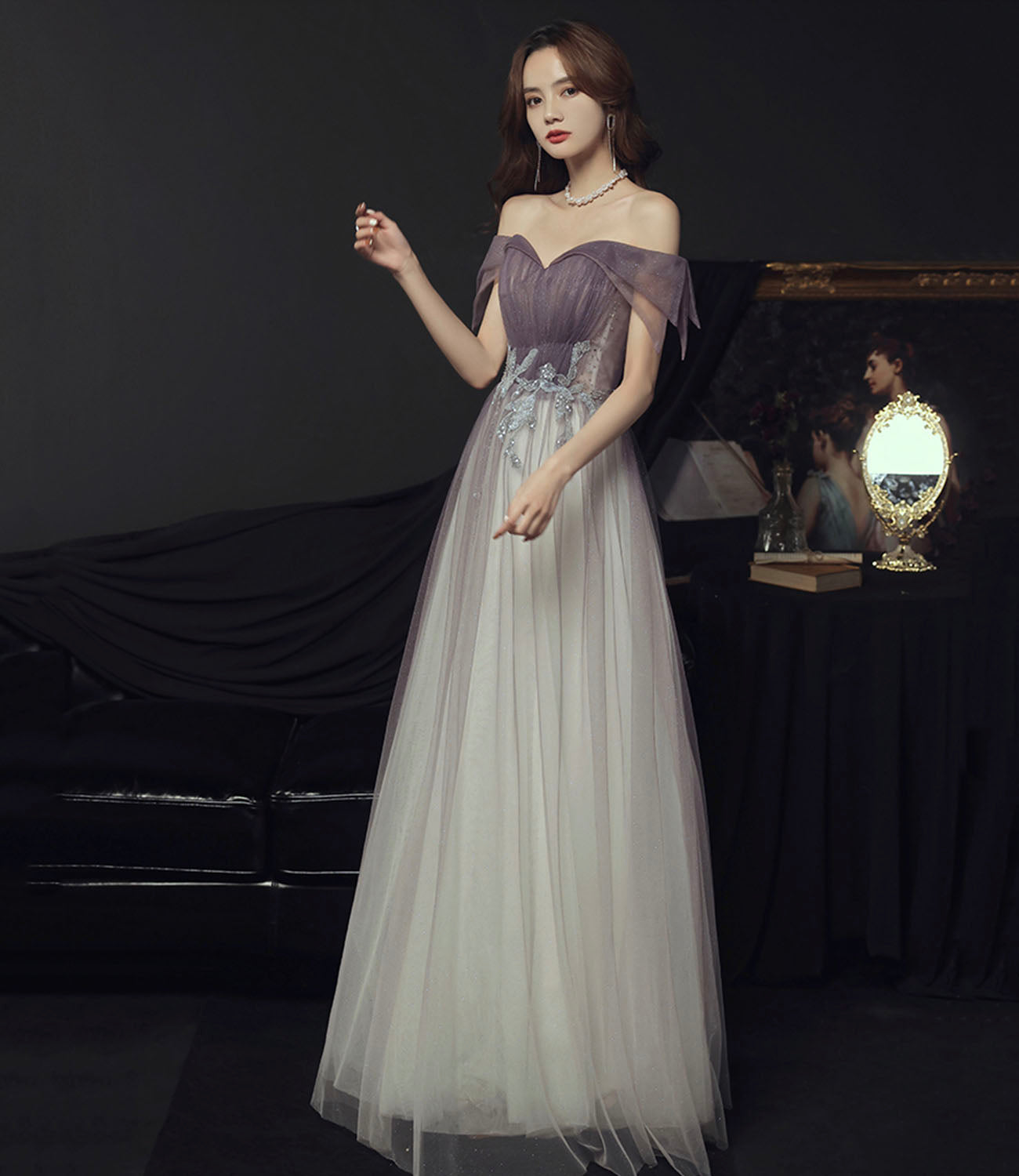 Purple tulle sequins long prom dress A line evening dress 10644