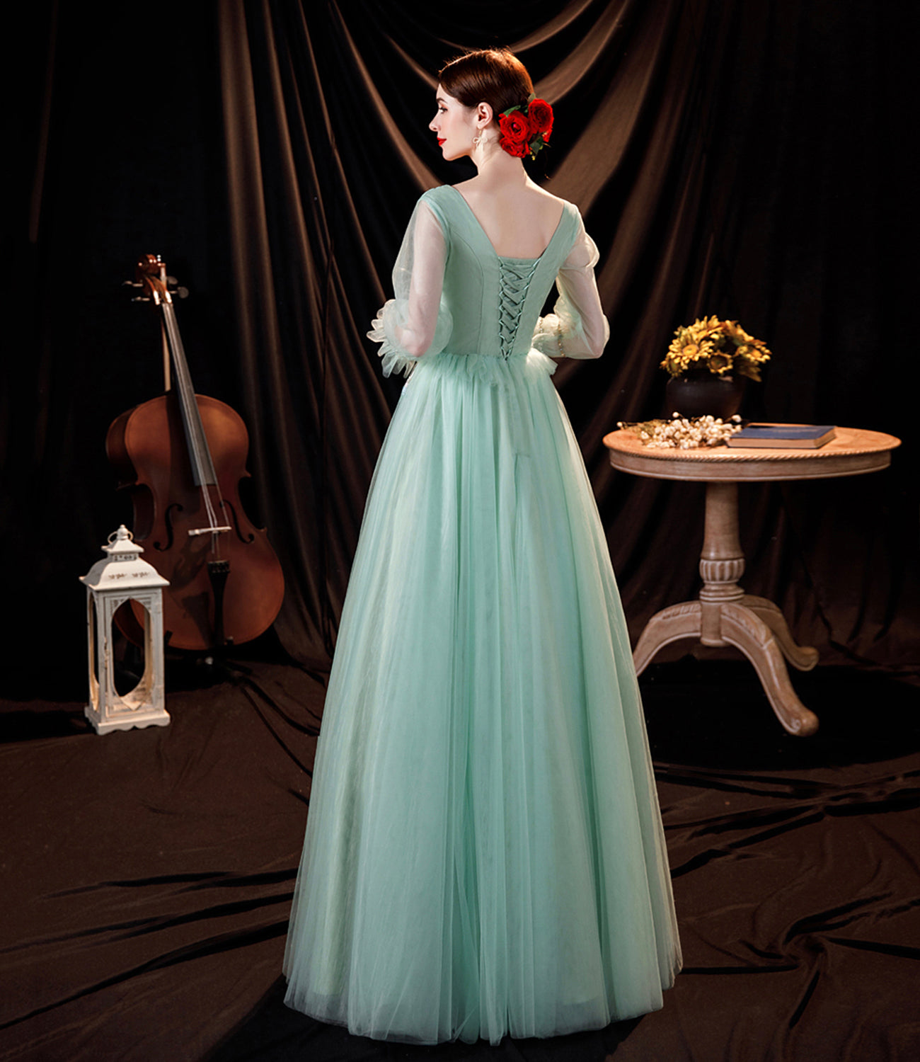 Grünes langes Ballkleid aus Tüll Spitze grünes Abendkleid 10535