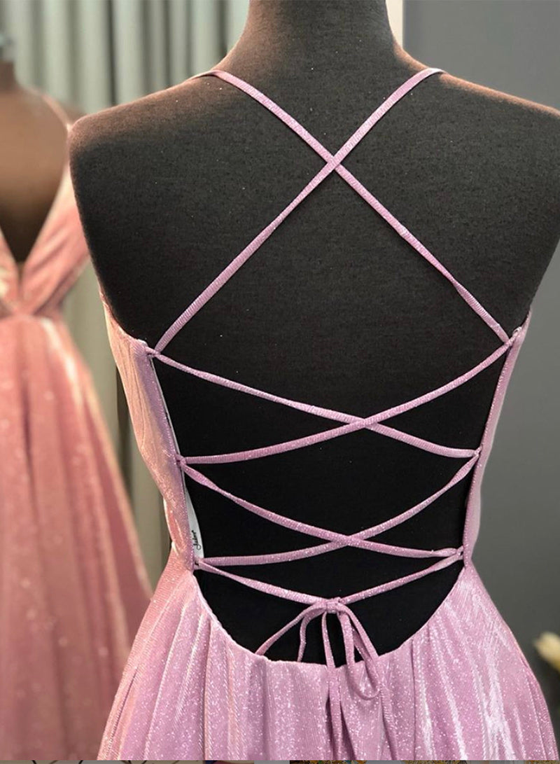 Simple v neck prom dress pink evening dress 8300