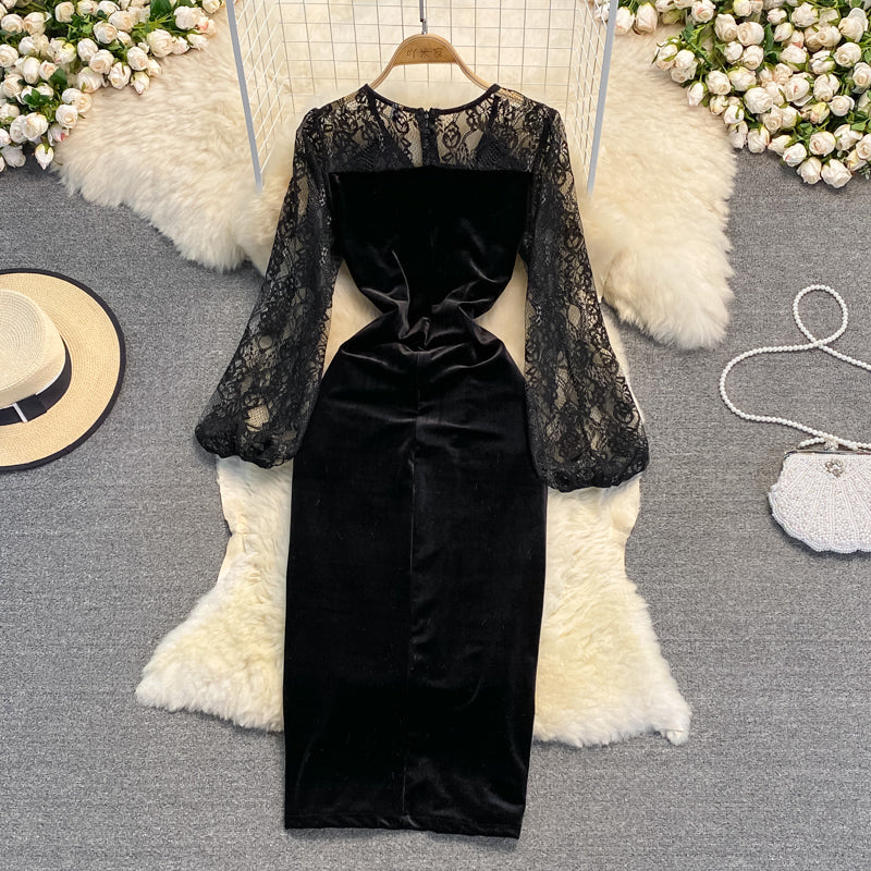 Black V Neck Velvet Dress Long Sleeve Dress 10925