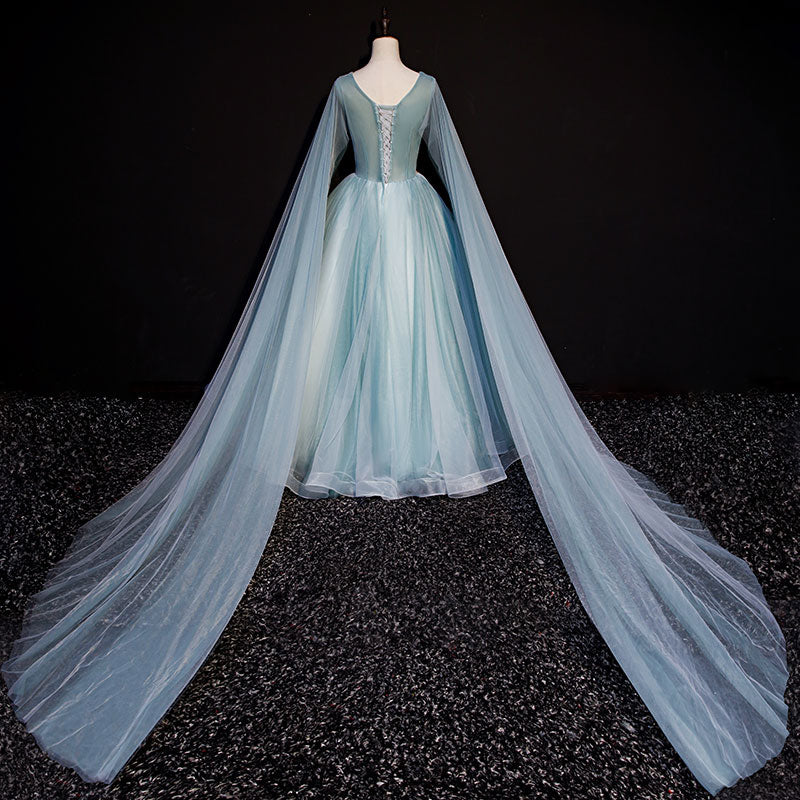Robe de soirée longue en tulle bleu et dentelle 10636