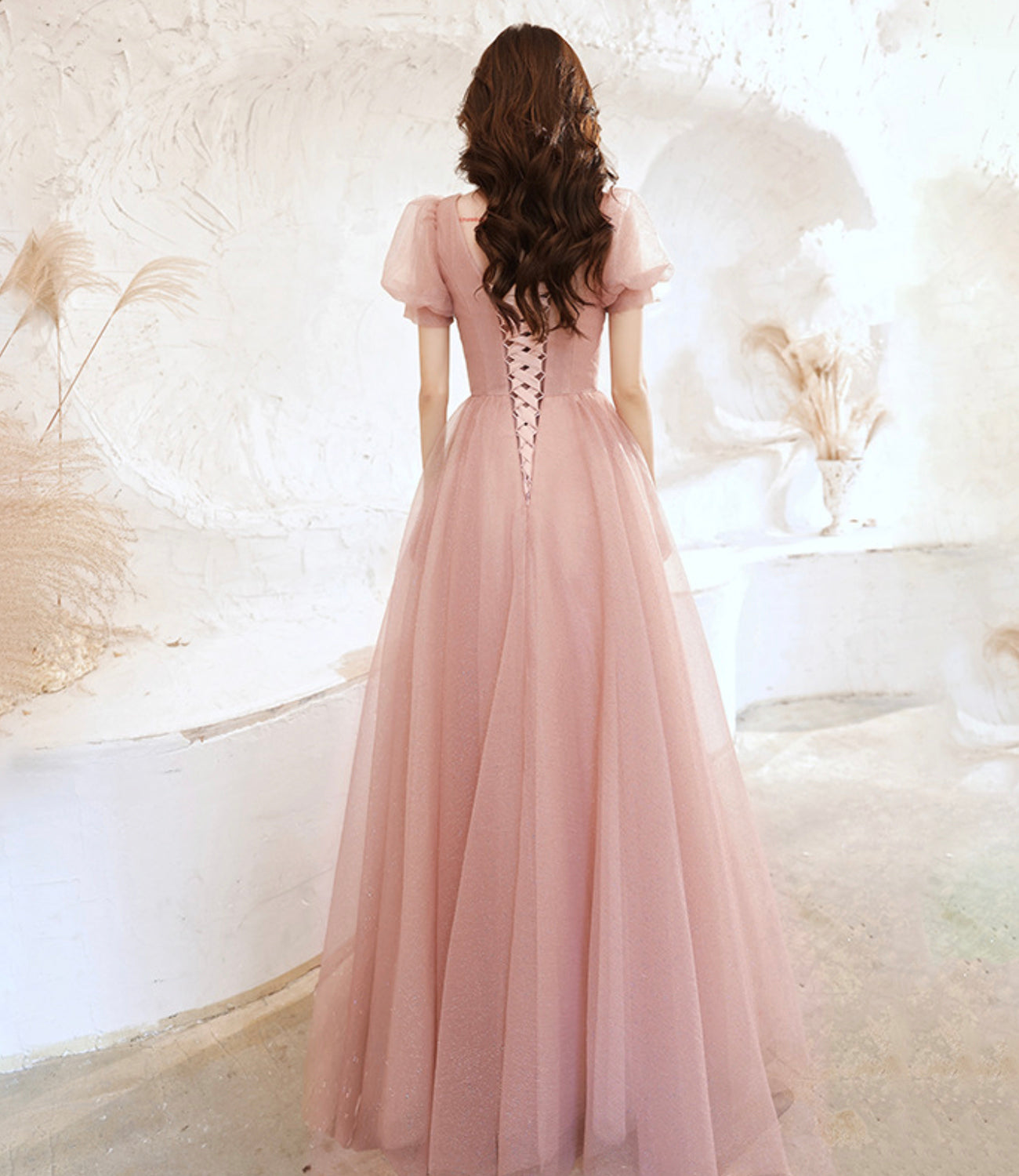 Robe de soirée longue en tulle rose mignonne, coupe A, 10524