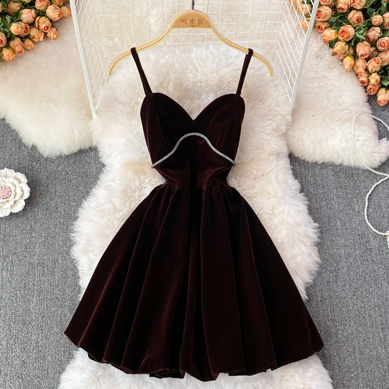 Robe courte en velours à col en V mignonne Robe tendance 10854
