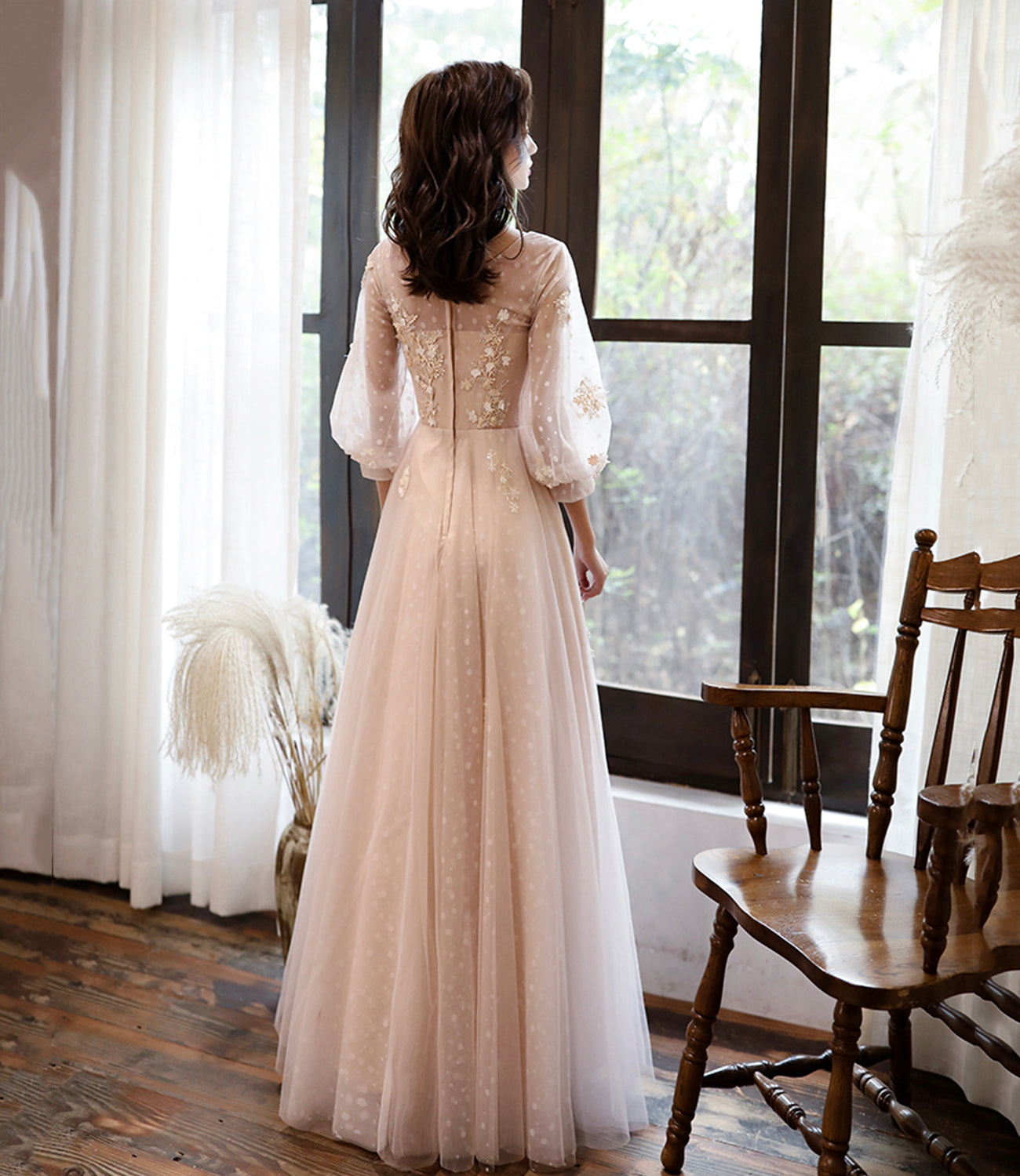 Pink Elegant Fashion A-line Lace Long sleeves Long Tulle Ball Gown Evening Gown Bridesmaid Dress 10468
