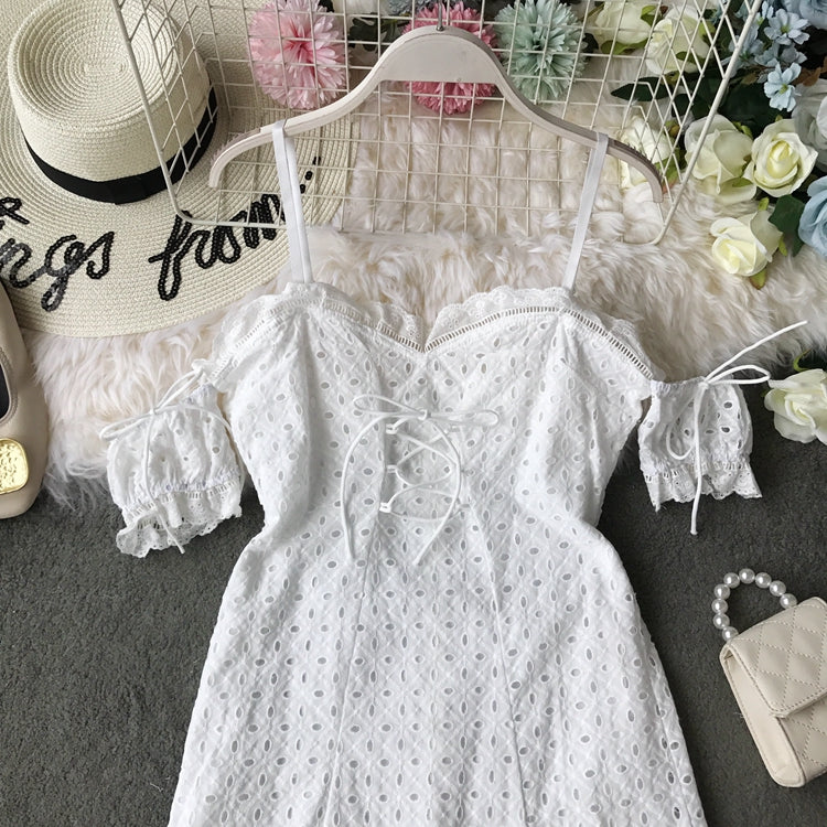 Off shoulder lace cut-out lace strap slim off shoulder dress 3725