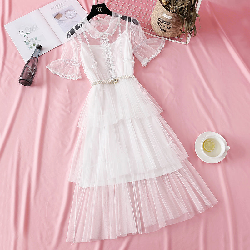 Mesh dress high waist layered cake skirt 4338